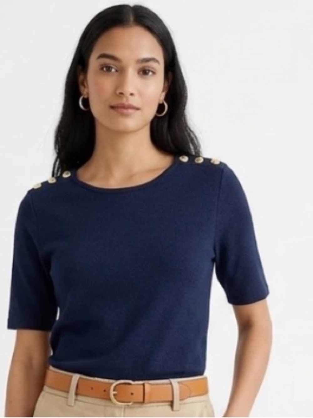 J. Crew Perfect-fit elbow-sleeve T-shirt in Navy with gold buttons Size Small